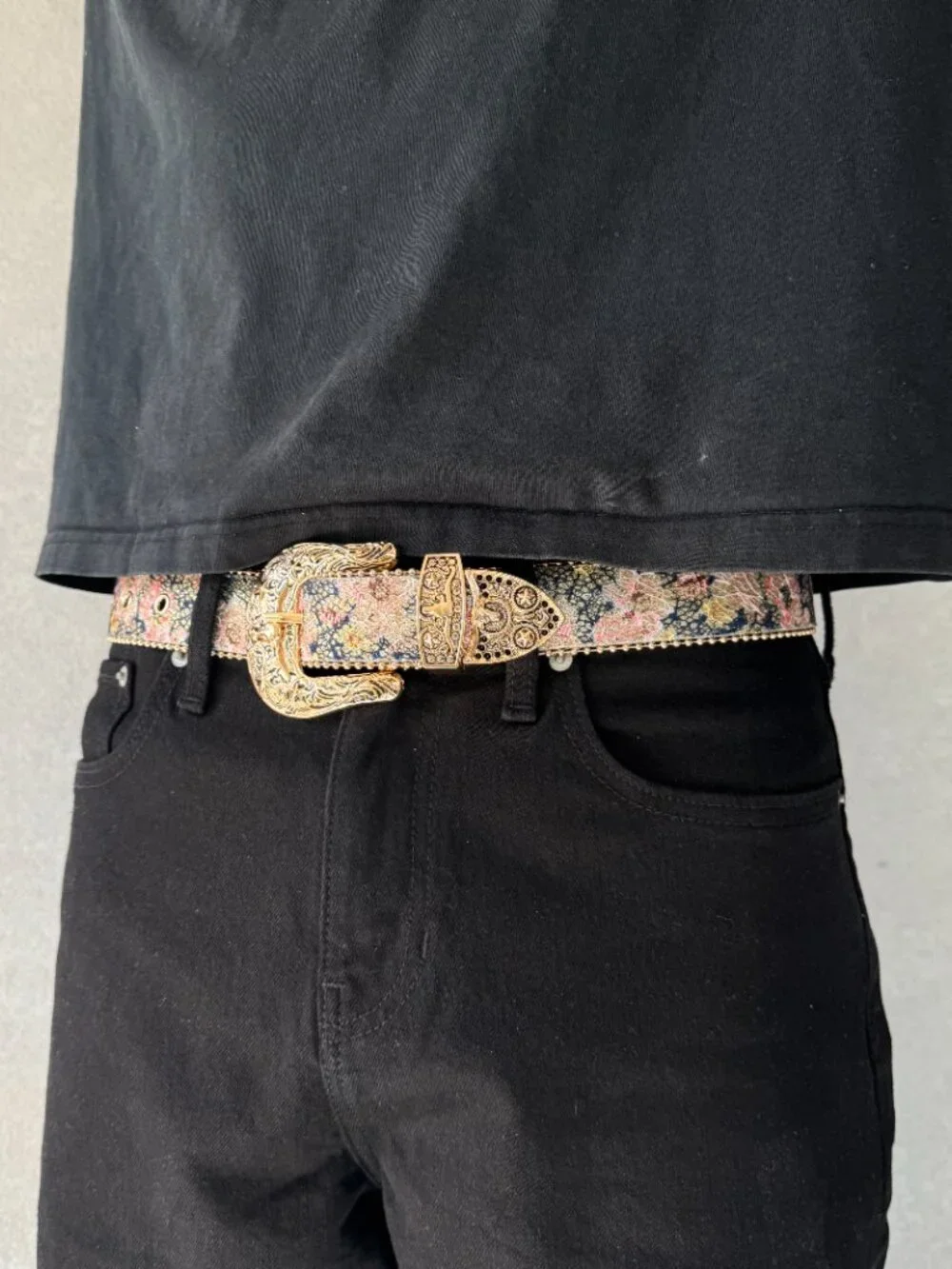 Navy Floral Tapestry Gold Western Belt
